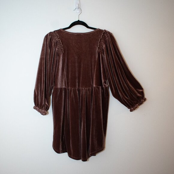 Umgee Boho Babydoll Velvet Almond V Neck Tunic Top Hi-Low Hem Size Small - Picture 4 of 5